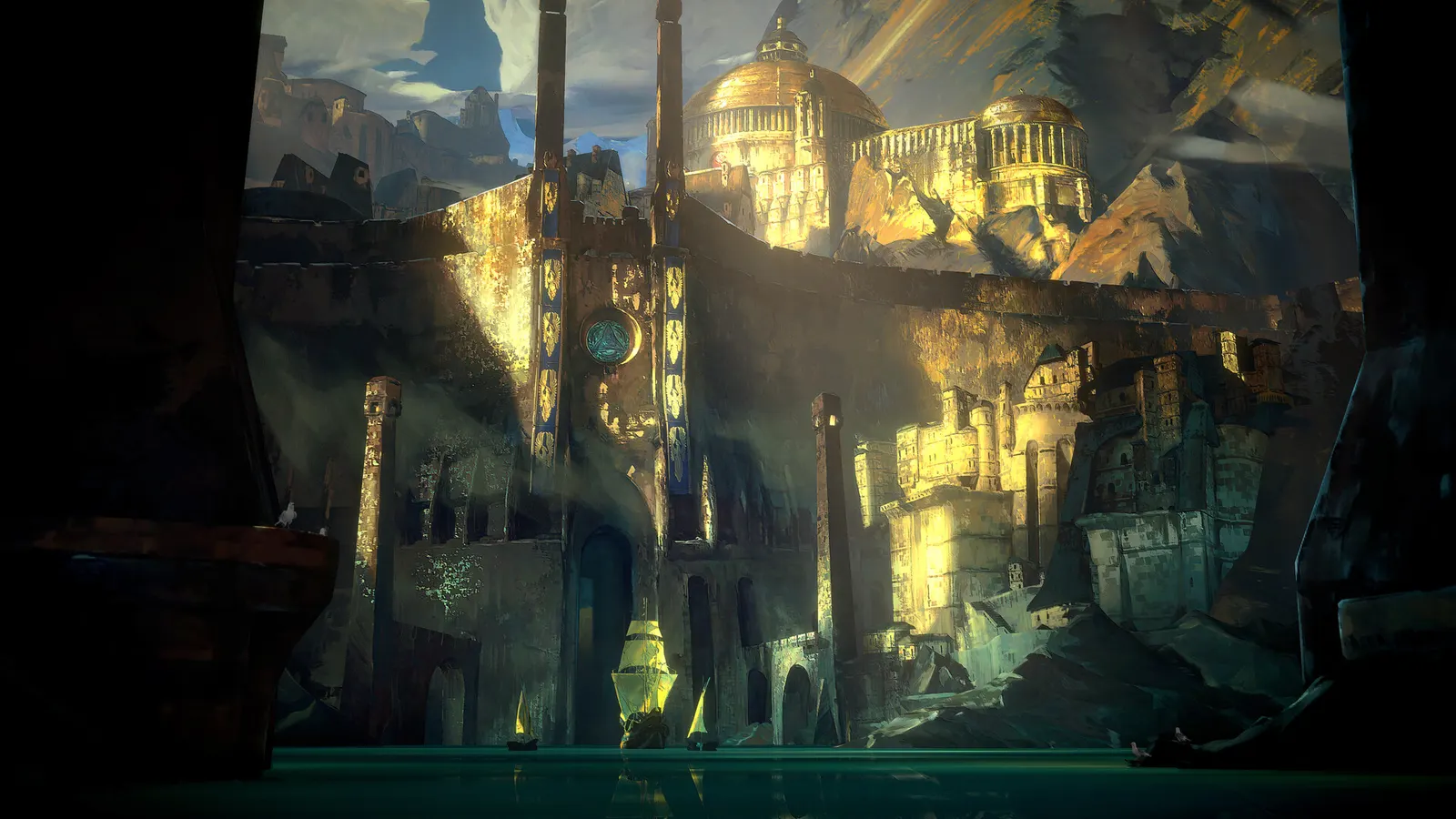 Official screenshot showing a party approaching a monumental city gate