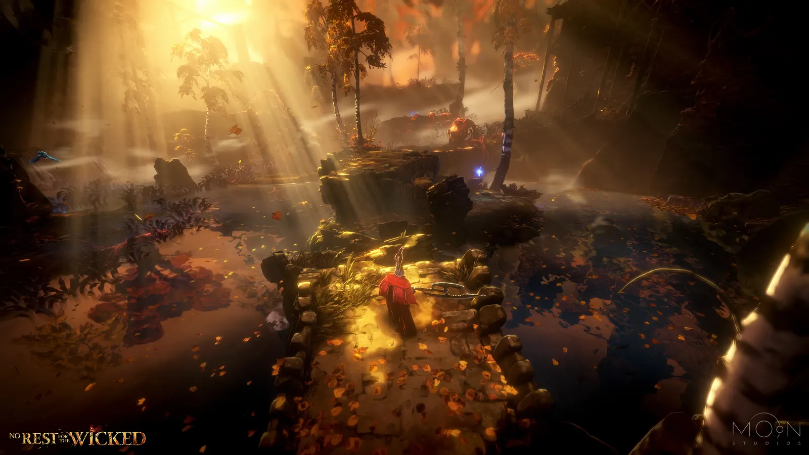 Official screenshot showing stone ruins beneath an autumn canopy