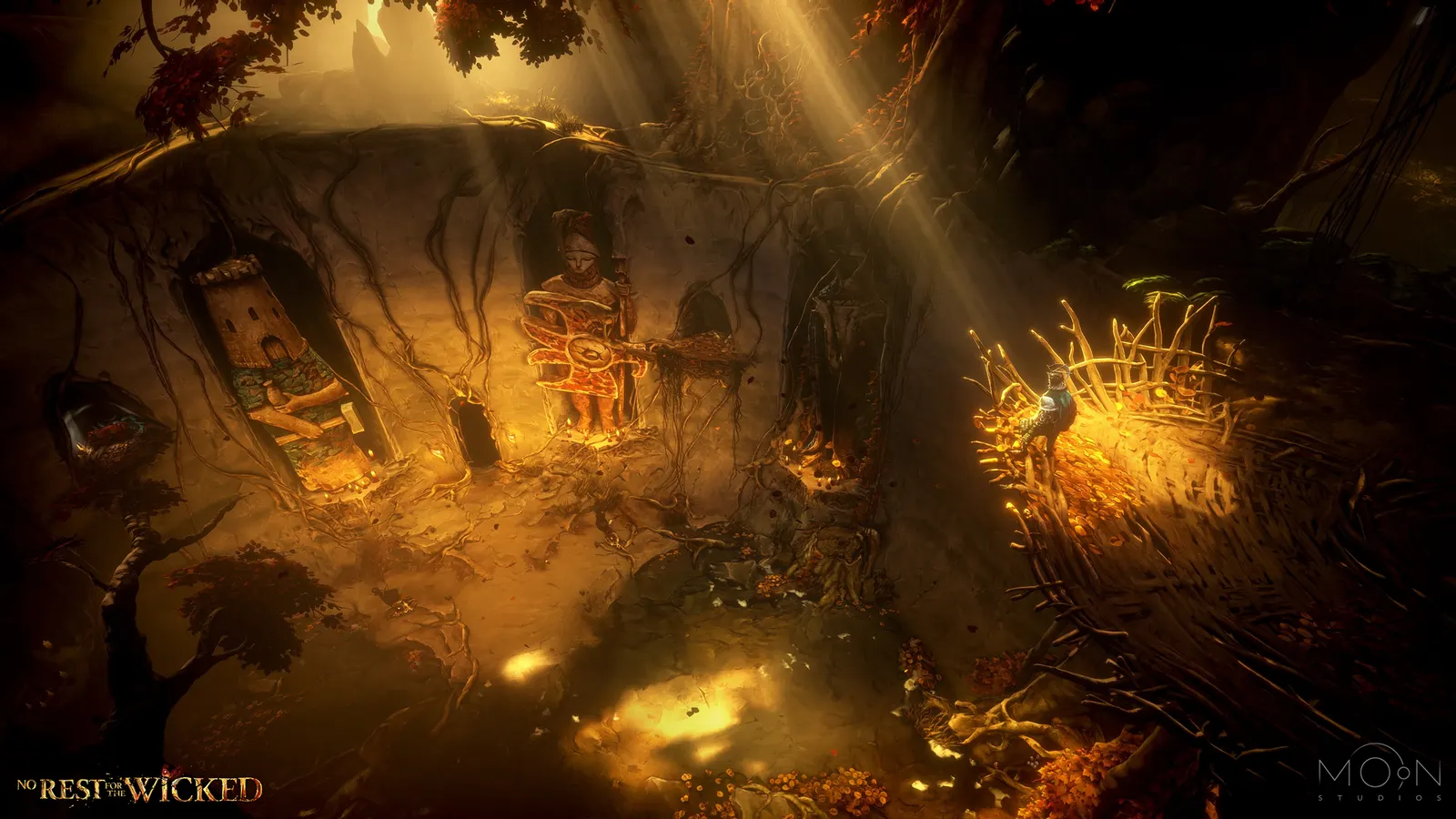 Official screenshot showing a warm-lit settlement and raised wooden walkway