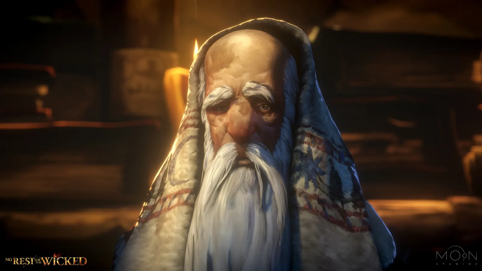 Official screenshot showing a white-bearded character in warm light